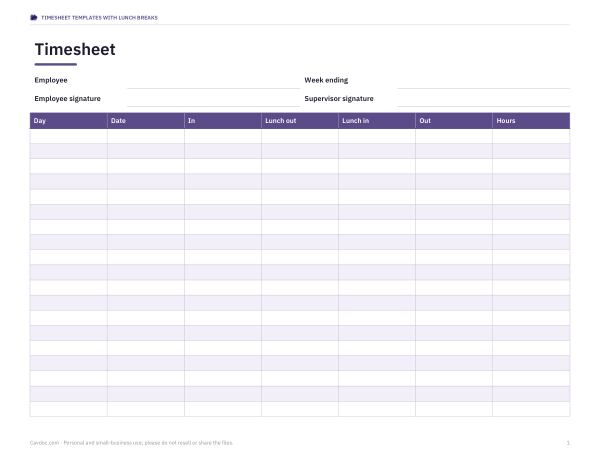 Preview of Printable Timesheet with Lunch Breaks