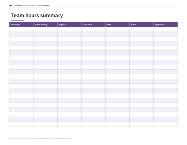 Preview of Printable Team Hours Summary