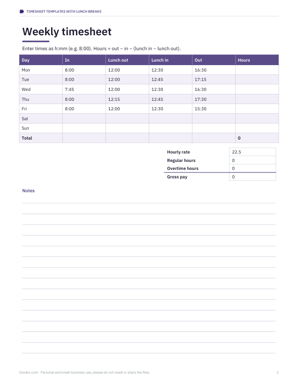 Preview of Printable Weekly Timesheet with Lunch